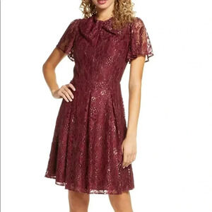 Chelsea28 Metallic Lace Fit Flare Red Dress Gold L